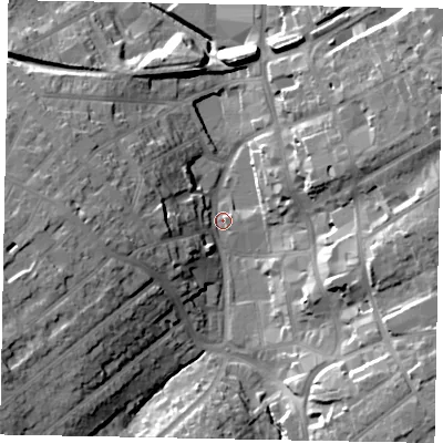 Shaded relief map of the ground around NN109SD, computed from Environment Agency LiDAR. The ground here sits at about 52 m above sea level and falls 25 m across the surrounding 800 m. Surface water reaching this point runs off ground lying to the south-west, 21.3 m higher.