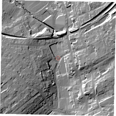 Shaded relief map of the ground around NN109SF, computed from Environment Agency LiDAR. The ground here sits at about 51 m above sea level and falls 27 m across the surrounding 800 m. Surface water reaching this point runs off ground lying to the south-west, 20.7 m higher.