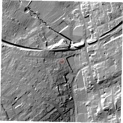 Shaded relief map of the ground around NN109SG, computed from Environment Agency LiDAR. The ground here sits at about 55 m above sea level and falls 29 m across the surrounding 800 m. Surface water reaching this point runs off ground lying to the south-west, 14.0 m higher.