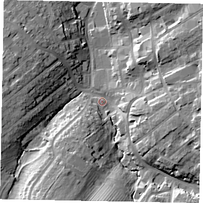 Shaded relief map of the ground around NN109YE, computed from Environment Agency LiDAR. The ground here sits at about 55 m above sea level and falls 23 m across the surrounding 800 m. Surface water reaching this point runs off ground lying to the south-south-west, 20.6 m higher.