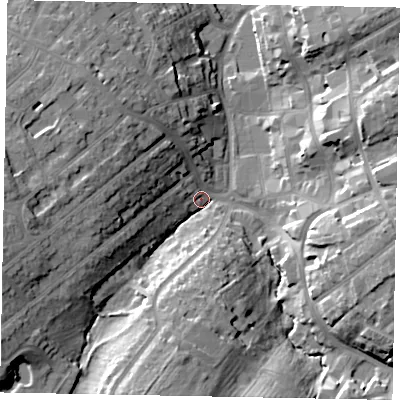 Shaded relief map of the ground around NN109YG, computed from Environment Agency LiDAR. The ground here sits at about 55 m above sea level and falls 23 m across the surrounding 800 m. Surface water reaching this point runs off ground lying to the south-west, 21.0 m higher.