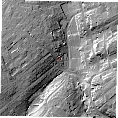 Shaded relief map of the ground around NN109YN, computed from Environment Agency LiDAR. The ground here sits at about 57 m above sea level and falls 23 m across the surrounding 800 m. Surface water reaching this point runs off ground lying to the west-south-west, 17.7 m higher.