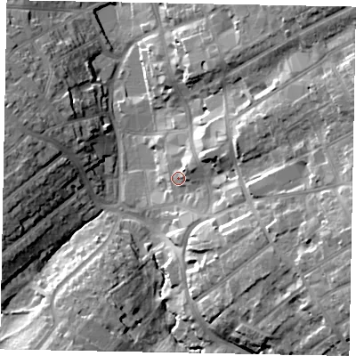 Shaded relief map of the ground around NN109YS, computed from Environment Agency LiDAR. The ground here sits at about 58 m above sea level and falls 24 m across the surrounding 800 m. Surface water reaching this point runs off ground lying to the east-south-east, 18.2 m higher.