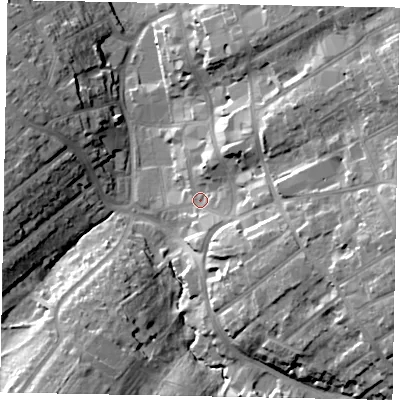 Shaded relief map of the ground around NN109YT, computed from Environment Agency LiDAR. The ground here sits at about 58 m above sea level and falls 24 m across the surrounding 800 m. Surface water reaching this point runs off ground lying to the east, 18.0 m higher.