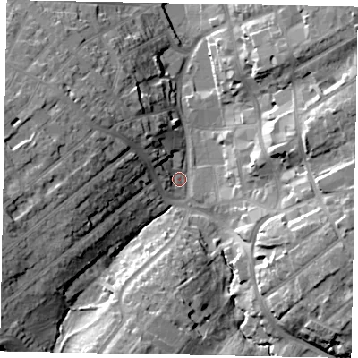 Shaded relief map of the ground around NN109ZA, computed from Environment Agency LiDAR. The ground here sits at about 54 m above sea level and falls 22 m across the surrounding 800 m. Surface water reaching this point runs off ground lying to the west-south-west, 19.8 m higher.