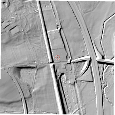 Shaded relief map of the ground around NN112NH, computed from Environment Agency LiDAR. The ground here sits at about 98 m above sea level and falls 27 m across the surrounding 800 m. Surface water reaching this point runs off ground lying to the north-north-west, 2.8 m higher.