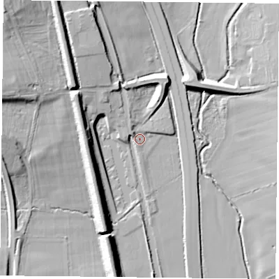 Shaded relief map of the ground around NN112NT, computed from Environment Agency LiDAR. The ground here sits at about 91 m above sea level and falls 20 m across the surrounding 800 m. Surface water reaching this point runs off ground lying to the north-west, 18.2 m higher.