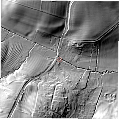 Shaded relief map of the ground around NN113AB, computed from Environment Agency LiDAR. The ground here sits at about 116 m above sea level and falls 33 m across the surrounding 800 m. Surface water reaching this point runs off ground lying to the south-west, 29.1 m higher.