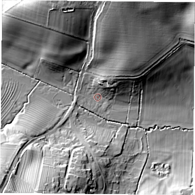 Shaded relief map of the ground around NN113AD, computed from Environment Agency LiDAR. The ground here sits at about 116 m above sea level and falls 36 m across the surrounding 800 m. Surface water reaching this point runs off ground lying to the north, 31.3 m higher.