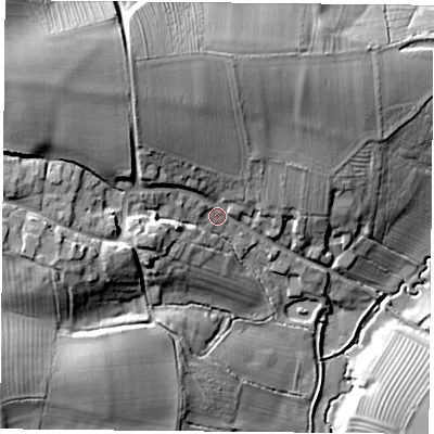 Shaded relief map of the ground around NN113BN, computed from Environment Agency LiDAR. The ground here sits at about 107 m above sea level and falls 30 m across the surrounding 800 m. Surface water reaching this point runs off ground lying to the north-west, 18.6 m higher.