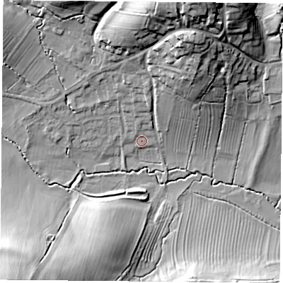 Shaded relief map of the ground around NN113EZ, computed from Environment Agency LiDAR. The ground here sits at about 103 m above sea level and falls 31 m across the surrounding 800 m. Surface water reaching this point runs off ground lying to the north-north-east, 27.2 m higher.