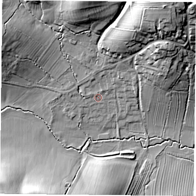 Shaded relief map of the ground around NN113HD, computed from Environment Agency LiDAR. The ground here sits at about 105 m above sea level and falls 33 m across the surrounding 800 m. Surface water reaching this point runs off ground lying to the north-north-west, 2.6 m higher.