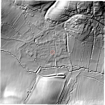 Shaded relief map of the ground around NN113HN, computed from Environment Agency LiDAR. The ground here sits at about 103 m above sea level and falls 31 m across the surrounding 800 m. Surface water reaching this point runs off ground lying to the north-north-west, 3.7 m higher.