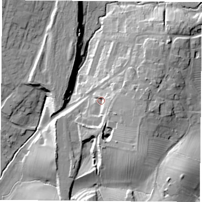 Shaded relief map of the ground around NN113RB, computed from Environment Agency LiDAR. The ground here sits at about 142 m above sea level and falls 34 m across the surrounding 800 m. Surface water reaching this point runs off ground lying to the east-south-east, 9.5 m higher.