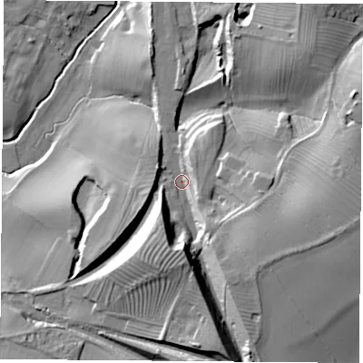 Shaded relief map of the ground around NN113RG, computed from Environment Agency LiDAR. The ground here sits at about 142 m above sea level and falls 32 m across the surrounding 800 m. Surface water reaching this point runs off ground lying to the south, 11.2 m higher.