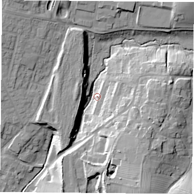 Shaded relief map of the ground around NN113RR, computed from Environment Agency LiDAR. The ground here sits at about 135 m above sea level and falls 27 m across the surrounding 800 m. Surface water reaching this point runs off ground lying to the south-east, 22.6 m higher.