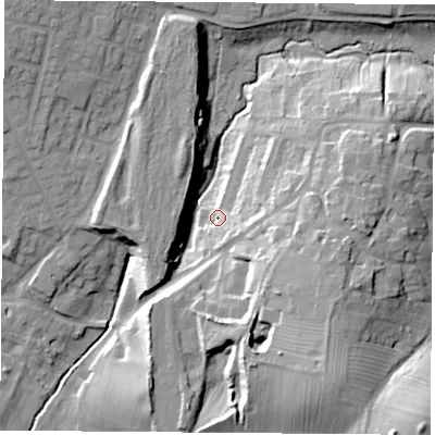 Shaded relief map of the ground around NN113RW, computed from Environment Agency LiDAR. The ground here sits at about 135 m above sea level and falls 33 m across the surrounding 800 m. Surface water reaching this point runs off ground lying to the south-east, 20.3 m higher.