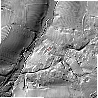 Shaded relief map of the ground around NN113SL, computed from Environment Agency LiDAR. The ground here sits at about 141 m above sea level and falls 30 m across the surrounding 800 m. Surface water reaching this point runs off ground lying to the south-south-east, 10.6 m higher.