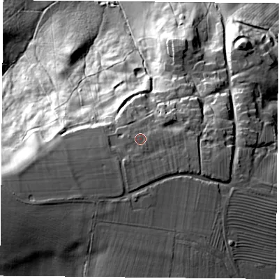 Shaded relief map of the ground around NN113TA, computed from Environment Agency LiDAR. The ground here sits at about 184 m above sea level and falls 53 m across the surrounding 800 m. Surface water reaching this point runs off ground lying to the south-south-west, 2.9 m higher.