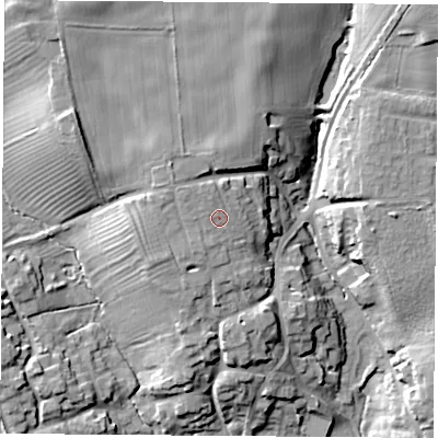 Shaded relief map of the ground around NN116UZ, computed from Environment Agency LiDAR. The ground here sits at about 158 m above sea level and falls 22 m across the surrounding 800 m. Surface water reaching this point runs off ground lying to the west-north-west, 1.8 m higher.