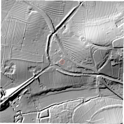 Shaded relief map of the ground around NN117HB, computed from Environment Agency LiDAR. The ground here sits at about 100 m above sea level and falls 35 m across the surrounding 800 m. Surface water reaching this point runs off ground lying to the east-north-east, 2.5 m higher.