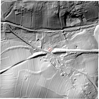 Shaded relief map of the ground around NN117JH, computed from Environment Agency LiDAR. The ground here sits at about 103 m above sea level and falls 46 m across the surrounding 800 m. Surface water reaching this point runs off ground lying to the east-south-east, 6.5 m higher.