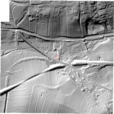Shaded relief map of the ground around NN117JQ, computed from Environment Agency LiDAR. The ground here sits at about 98 m above sea level and falls 45 m across the surrounding 800 m. Surface water reaching this point runs off ground lying to the south-east, 7.1 m higher.