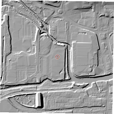 Shaded relief map of the ground around NN11BQ, computed from Environment Agency LiDAR. The ground here sits at about 60 m above sea level and falls 9 m across the surrounding 800 m. The ground contributing surface water to this point lies to the south.