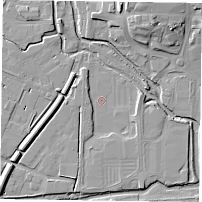 Shaded relief map of the ground around NN11EE, computed from Environment Agency LiDAR. The ground here sits at about 58 m above sea level and falls 14 m across the surrounding 800 m. Surface water reaching this point runs off ground lying to the east, 4.1 m higher.