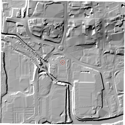Shaded relief map of the ground around NN11EJ, computed from Environment Agency LiDAR. The ground here sits at about 60 m above sea level and falls 20 m across the surrounding 800 m. Surface water reaching this point runs off ground lying to the south-south-east, 0.7 m higher.