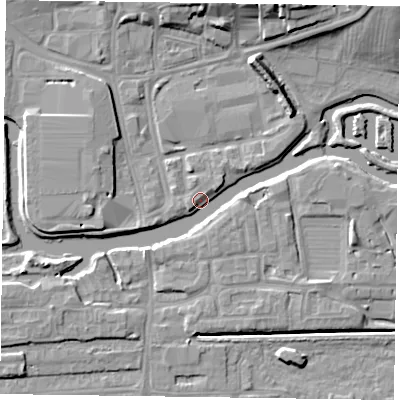 Shaded relief map of the ground around NN11EL, computed from Environment Agency LiDAR. The ground here sits at about 59 m above sea level and falls 12 m across the surrounding 800 m. Surface water reaching this point runs off ground lying to the north-north-east, 10.0 m higher.