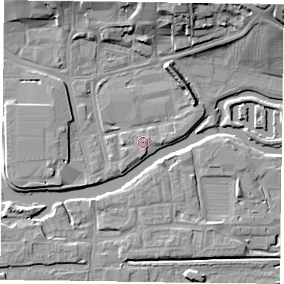 Shaded relief map of the ground around NN11EP, computed from Environment Agency LiDAR. The ground here sits at about 59 m above sea level and falls 16 m across the surrounding 800 m. Surface water reaching this point runs off ground lying to the south, 0.9 m higher.