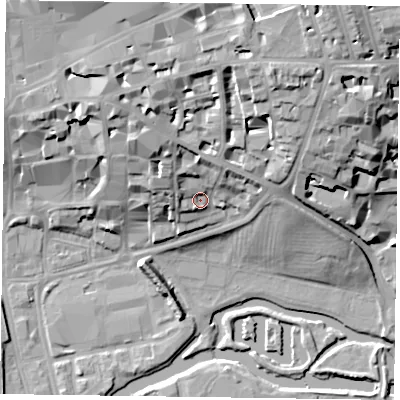 Shaded relief map of the ground around NN11ES, computed from Environment Agency LiDAR. The ground here sits at about 65 m above sea level and falls 27 m across the surrounding 800 m. Surface water reaching this point runs off ground lying to the north-west, 10.9 m higher.