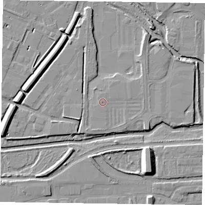 Shaded relief map of the ground around NN11ET, computed from Environment Agency LiDAR. The ground here sits at about 60 m above sea level and falls 9 m across the surrounding 800 m. Surface water reaching this point runs off ground lying to the north, 0.7 m higher.
