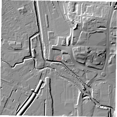 Shaded relief map of the ground around NN11EX, computed from Environment Agency LiDAR. The ground here sits at about 61 m above sea level and falls 19 m across the surrounding 800 m. Surface water reaching this point runs off ground lying to the north-north-west, 8.1 m higher.