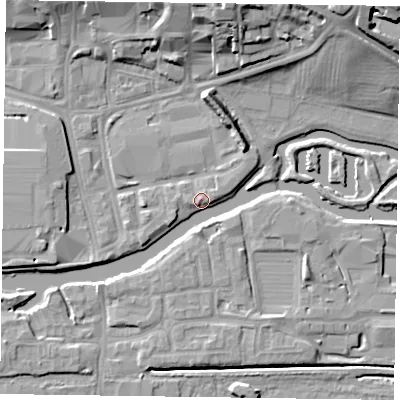 Shaded relief map of the ground around NN11EY, computed from Environment Agency LiDAR. The ground here sits at about 59 m above sea level and falls 17 m across the surrounding 800 m. Surface water reaching this point runs off ground lying to the south, 3.3 m higher.