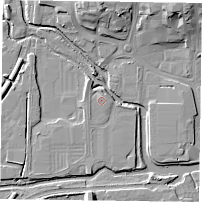 Shaded relief map of the ground around NN11FF, computed from Environment Agency LiDAR. The ground here sits at about 61 m above sea level and falls 16 m across the surrounding 800 m. The ground contributing surface water to this point lies to the east.