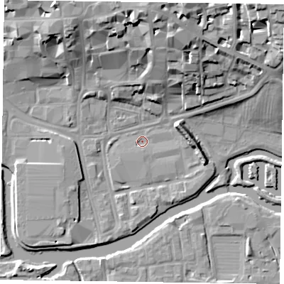 Shaded relief map of the ground around NN11HB, computed from Environment Agency LiDAR. The ground here sits at about 58 m above sea level and falls 22 m across the surrounding 800 m. Surface water reaching this point runs off ground lying to the north-east, 20.6 m higher.