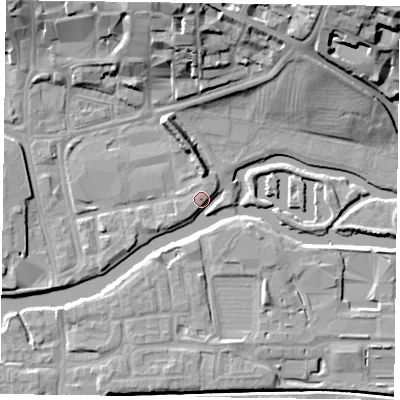 Shaded relief map of the ground around NN11HF, computed from Environment Agency LiDAR. The ground here sits at about 59 m above sea level and falls 20 m across the surrounding 800 m. Surface water reaching this point runs off ground lying to the south-west, 3.3 m higher.