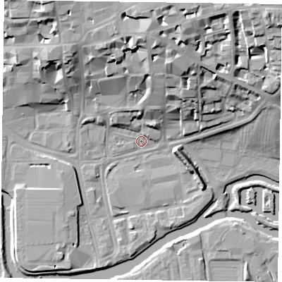 Shaded relief map of the ground around NN11HH, computed from Environment Agency LiDAR. The ground here sits at about 59 m above sea level and falls 25 m across the surrounding 800 m. Surface water reaching this point runs off ground lying to the north-east, 23.1 m higher.