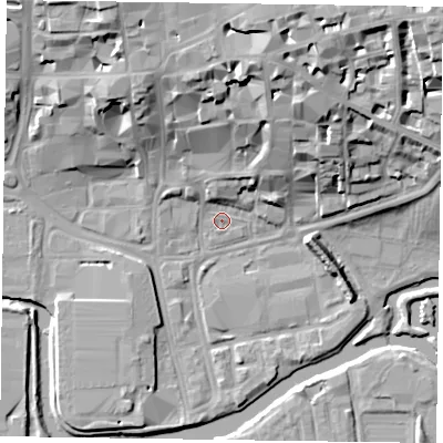 Shaded relief map of the ground around NN11HJ, computed from Environment Agency LiDAR. The ground here sits at about 59 m above sea level and falls 24 m across the surrounding 800 m. Surface water reaching this point runs off ground lying to the north-north-east, 20.9 m higher.
