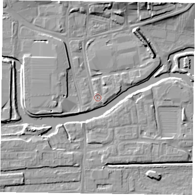 Shaded relief map of the ground around NN11HL, computed from Environment Agency LiDAR. The ground here sits at about 59 m above sea level and falls 12 m across the surrounding 800 m. Surface water reaching this point runs off ground lying to the north-north-east, 9.5 m higher.