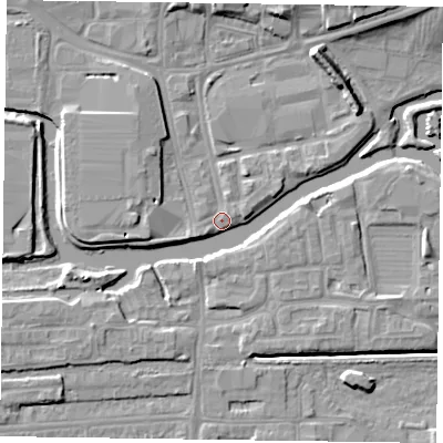 Shaded relief map of the ground around NN11HW, computed from Environment Agency LiDAR. The ground here sits at about 59 m above sea level and falls 9 m across the surrounding 800 m. Surface water reaching this point runs off ground lying to the north-north-east, 7.4 m higher.
