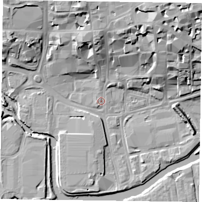 Shaded relief map of the ground around NN11PD, computed from Environment Agency LiDAR. The ground here sits at about 60 m above sea level and falls 22 m across the surrounding 800 m. Surface water reaching this point runs off ground lying to the north-north-east, 17.5 m higher.