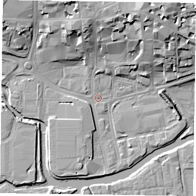 Shaded relief map of the ground around NN11PF, computed from Environment Agency LiDAR. The ground here sits at about 59 m above sea level and falls 21 m across the surrounding 800 m. Surface water reaching this point runs off ground lying to the north, 1.4 m higher.