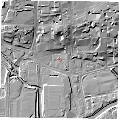 Shaded relief map of the ground around NN11PJ, computed from Environment Agency LiDAR. The ground here sits at about 59 m above sea level and falls 22 m across the surrounding 800 m. Surface water reaching this point runs off ground lying to the north-north-east, 13.5 m higher.