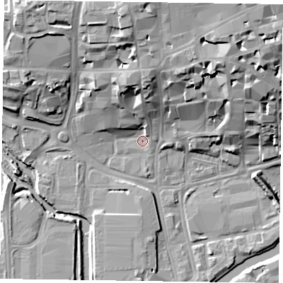 Shaded relief map of the ground around NN11PN, computed from Environment Agency LiDAR. The ground here sits at about 60 m above sea level and falls 23 m across the surrounding 800 m. Surface water reaching this point runs off ground lying to the north, 13.6 m higher.
