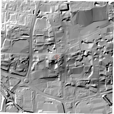 Shaded relief map of the ground around NN11PR, computed from Environment Agency LiDAR. The ground here sits at about 71 m above sea level and falls 32 m across the surrounding 800 m. Surface water reaching this point runs off ground lying to the north, 6.9 m higher.