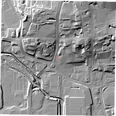 Shaded relief map of the ground around NN11PY, computed from Environment Agency LiDAR. The ground here sits at about 62 m above sea level and falls 26 m across the surrounding 800 m. Surface water reaching this point runs off ground lying to the north-north-east, 19.3 m higher.