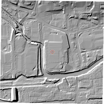 Shaded relief map of the ground around NN11PZ, computed from Environment Agency LiDAR. The ground here sits at about 61 m above sea level and falls 15 m across the surrounding 800 m. The ground contributing surface water to this point lies to the east-south-east.
